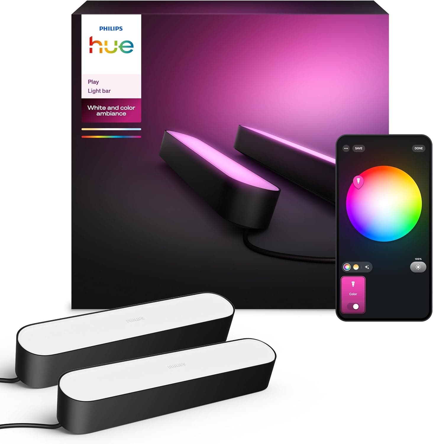 Philips Hue Play Pack Ambiance Beyaz ve Renkli, Siyah, 2.6.6W Temel Paket Kiti, Alexa, Google Assistant ve Apple Homekit ile çalışır - 25.000 Saat Ampul Kullanım Ömrü