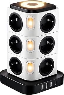 12’li Kule Tipi Çoklu Priz, 3680W Akım Korumalı, 3 USB + 1 Type-C Hızlı Şarj, Gece Lambalı, Bağımsız Anahtarlı, Uzatma Kablosu (1-2m) – Ev & Ofis için