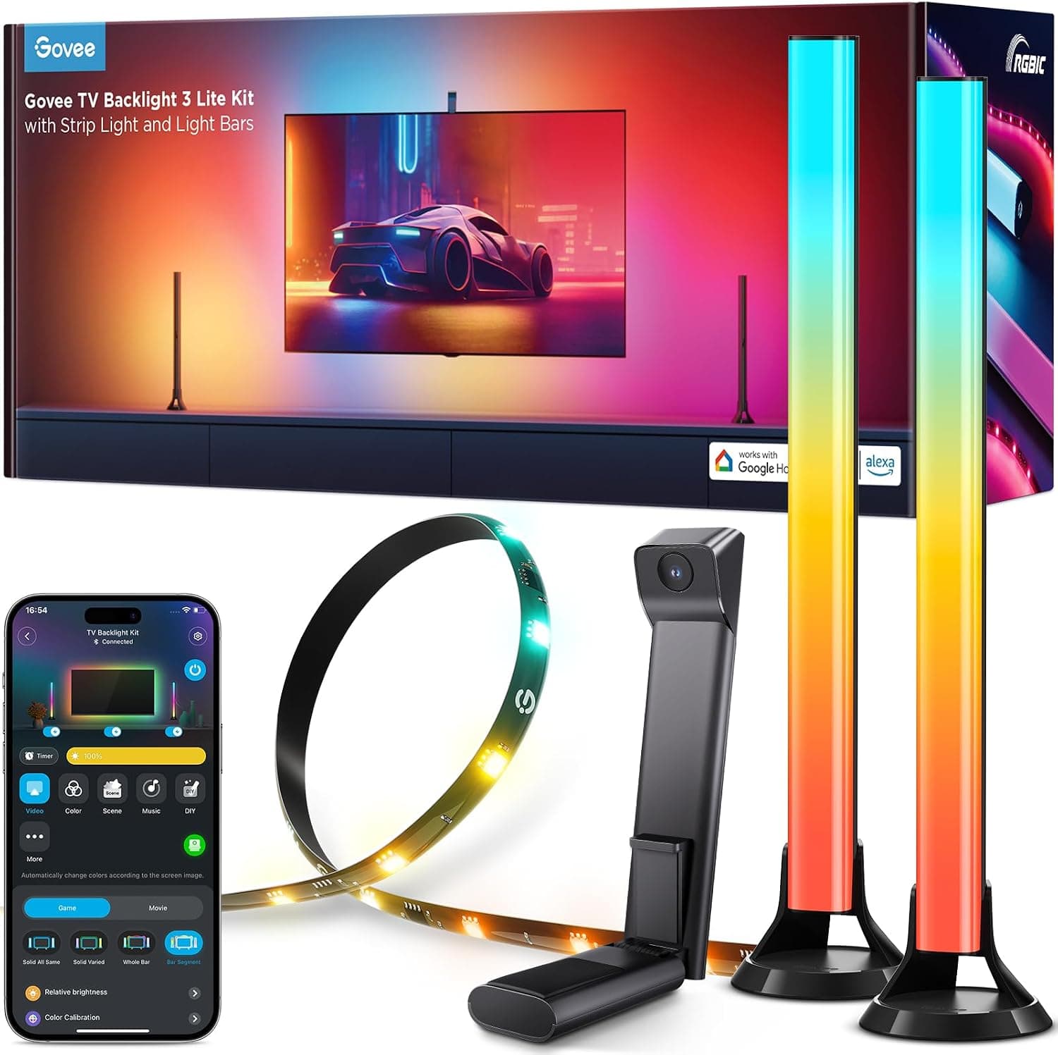 Govee TV Arkası Led Şerit Aydınlatma 3 Lite Kit + 2'li Aydınlatma Bar + Tv ile Renk Senkronizasyon 55-65 inç Tüm TV'ler Uyumludur