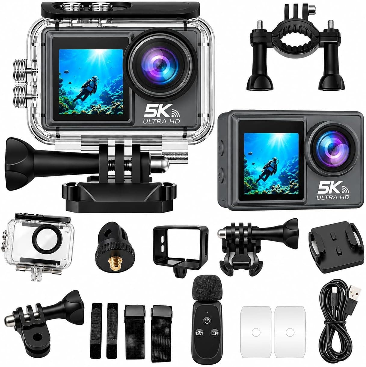 ROBEVE 5K Ultra HD Aksiyon Kamera Çift Ekranlı Dokunmatik Ekran Wi-Fi Bağlantılı Spor ve Vlog Kamerası Su Geçirmez Kılıflı Geniş Açı Outdoor Kamera Aksesuar Setli Aksiyon Kamerası 64GB Hafıza Kartı