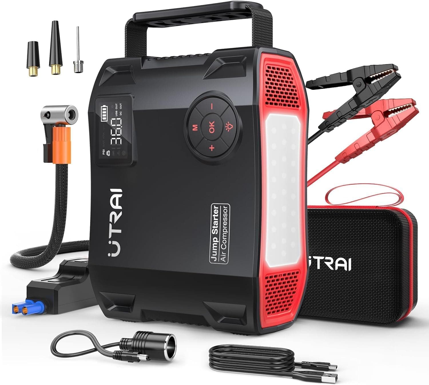 UTRAI Jstar 5 24000mAh 2000A Jump Starter + Lastik Şişirme Pompası Taşınabilir Akü Takviye Cihazı (Çanta + LCD Ekran + Powerbank + Led Lamba)