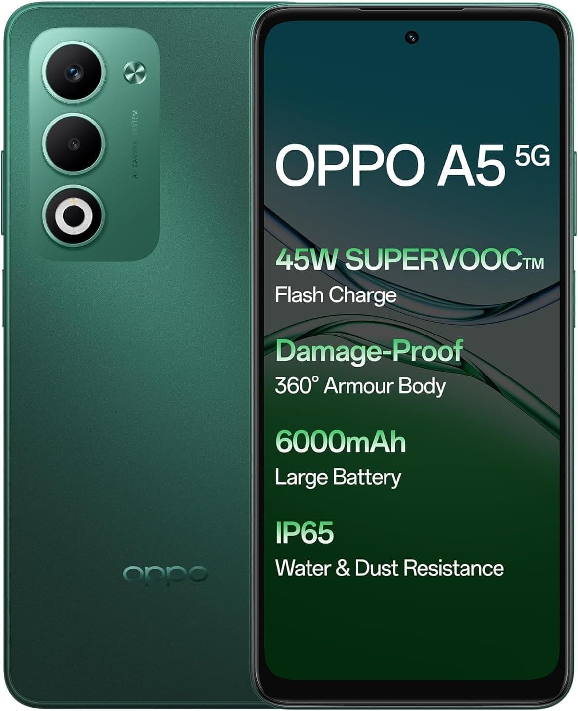 Oppo A5-5G Telefon, 8GB RAM, 256GB Hafıza, Android Akıllı Telefon, 50MP Kamera, Uzun Pil Ömrü (Aurora Green)