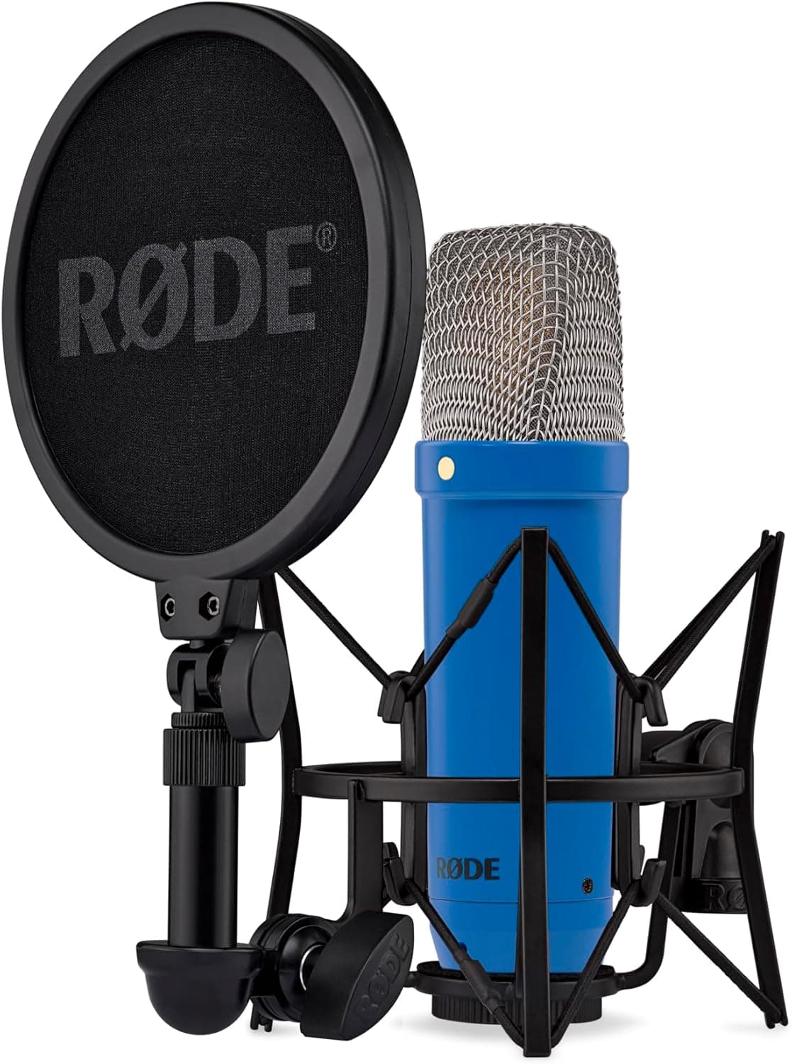 RODE NT1 Signature Serisi Büyük Diyaframlı Kondenser Mikrofon, Shock Mount, Pop Filtre ve XLR Kablo ile birlikte, Müzik Prodüksiyonu, Vokal Kaydı, Akış ve Podcasting için ideal (Kobalt Mavi)