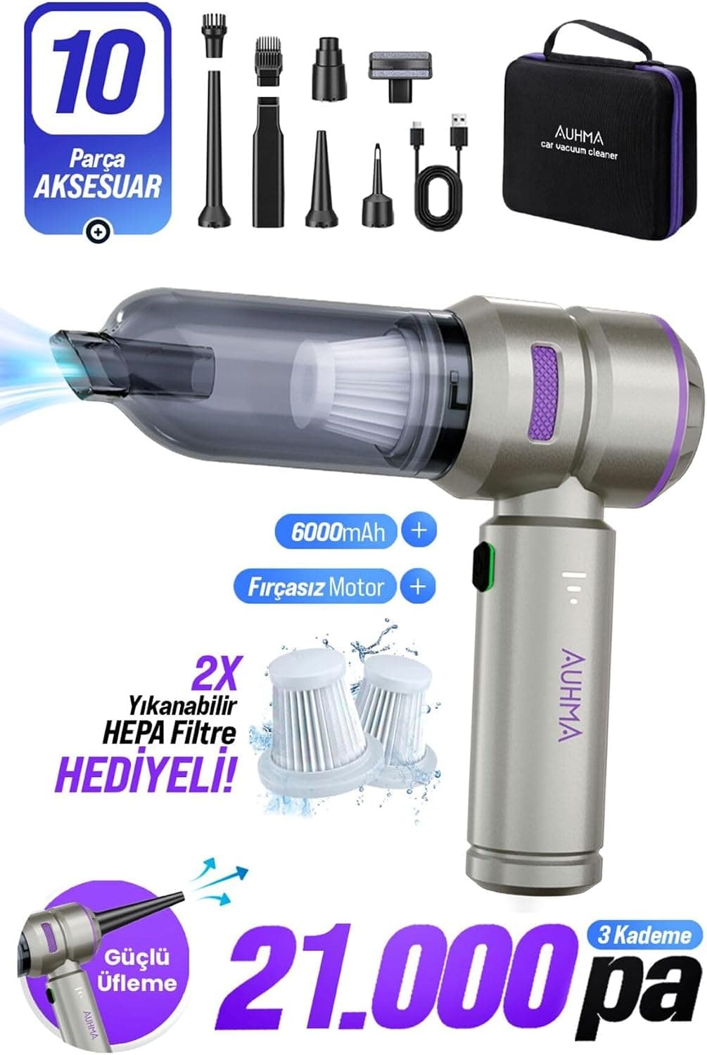 Ahv-02 Kablosuz Araç Içi Süpürge Mor | 21000Pa Güçlü Vakum | Fırçasız Motor | Üfleme & Vakum Ö