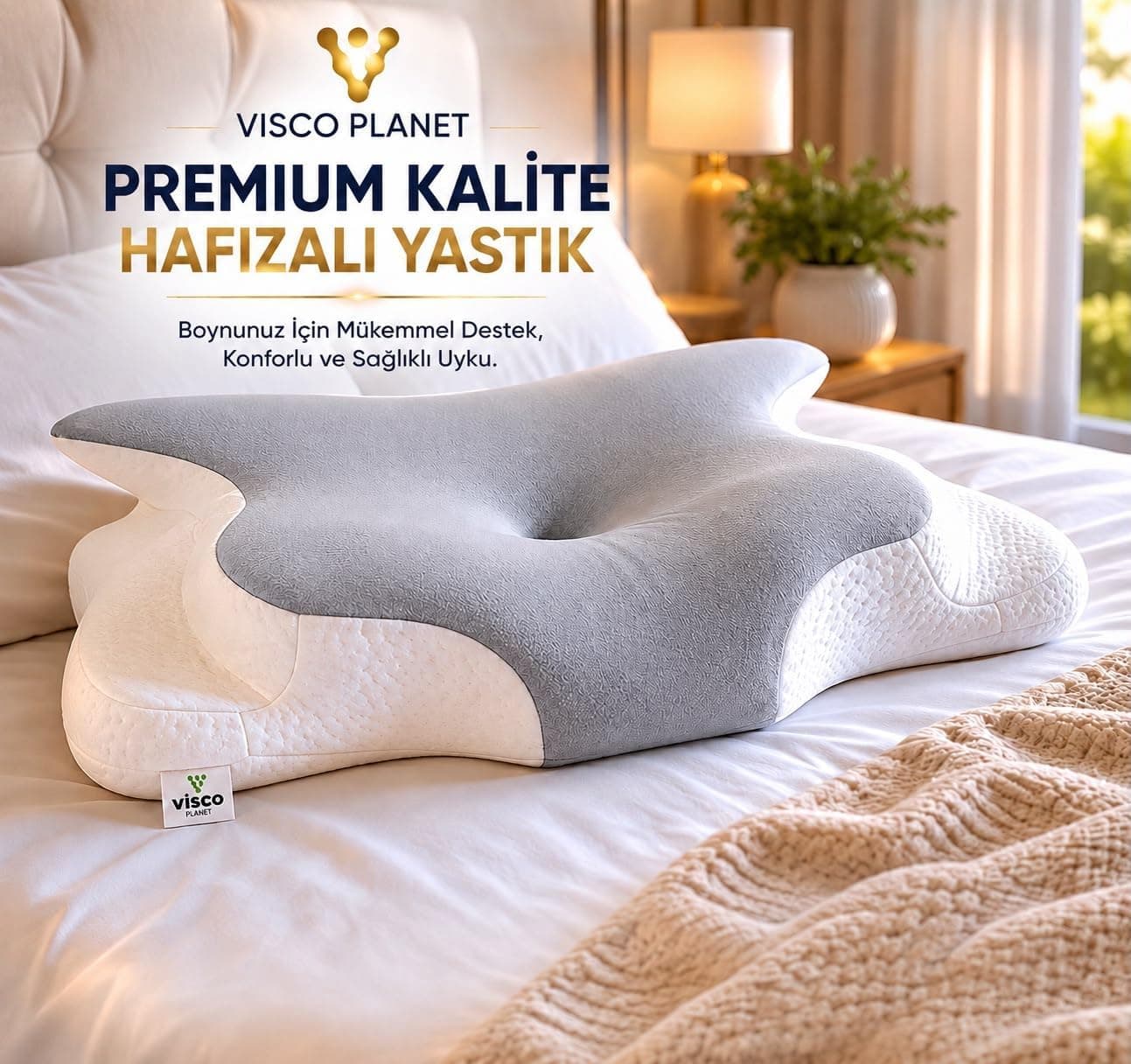Visco Planet Ortopedik Visco Boyun Yastığı Memory Foam Boyun Destekli Ergonomik Uyku Yastığı 62x42x13/10 cm