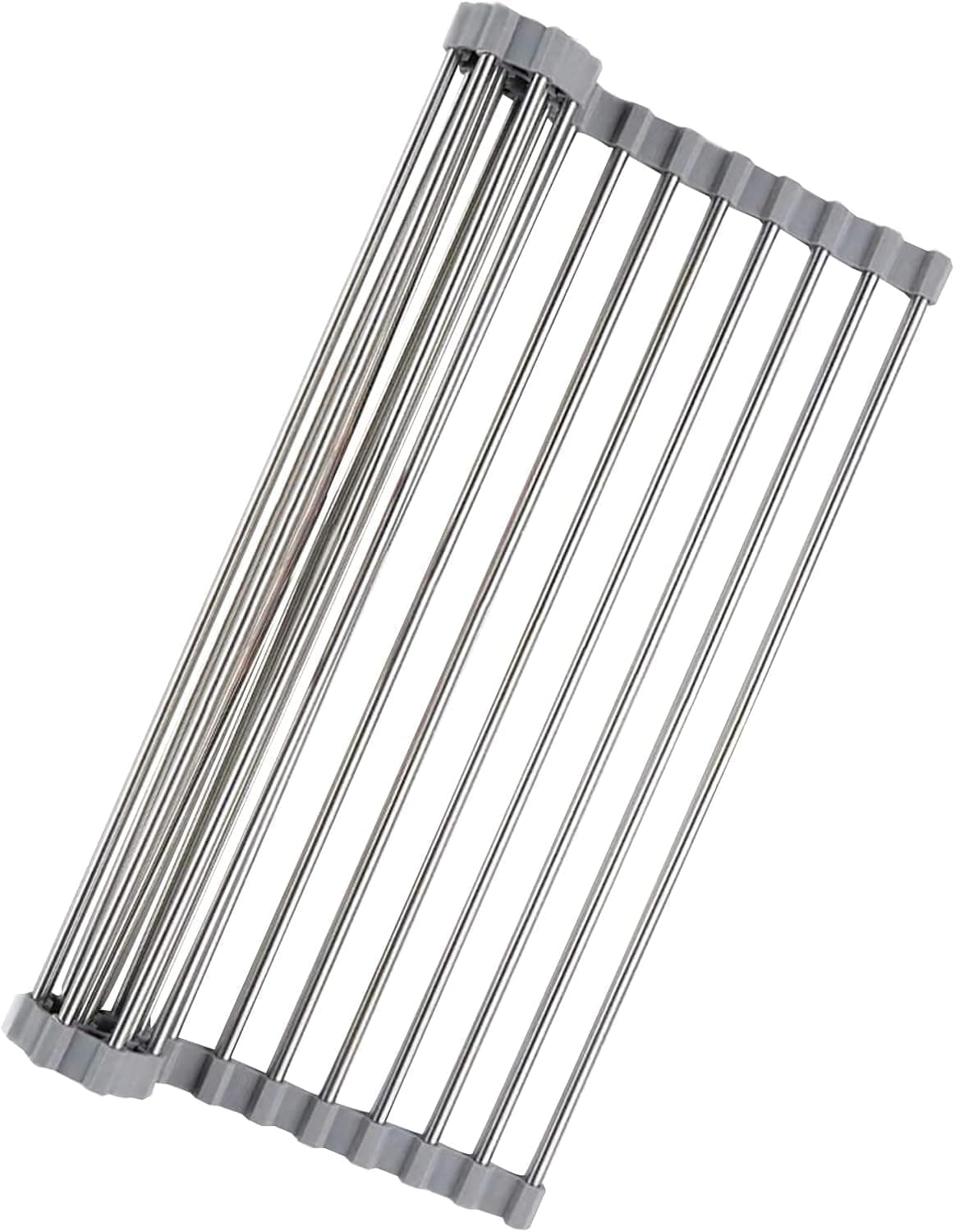 MallArt® Katlanabilir Evye Üstü Bulaşık Kurutmalık Süzgeç 47x29 cm - Paslanmaz Çelik & Isıya Dayanıklı Silikon Rulo Bulaşık Rafı, Meyve Sebze Yıkama Süzgeci, Gri