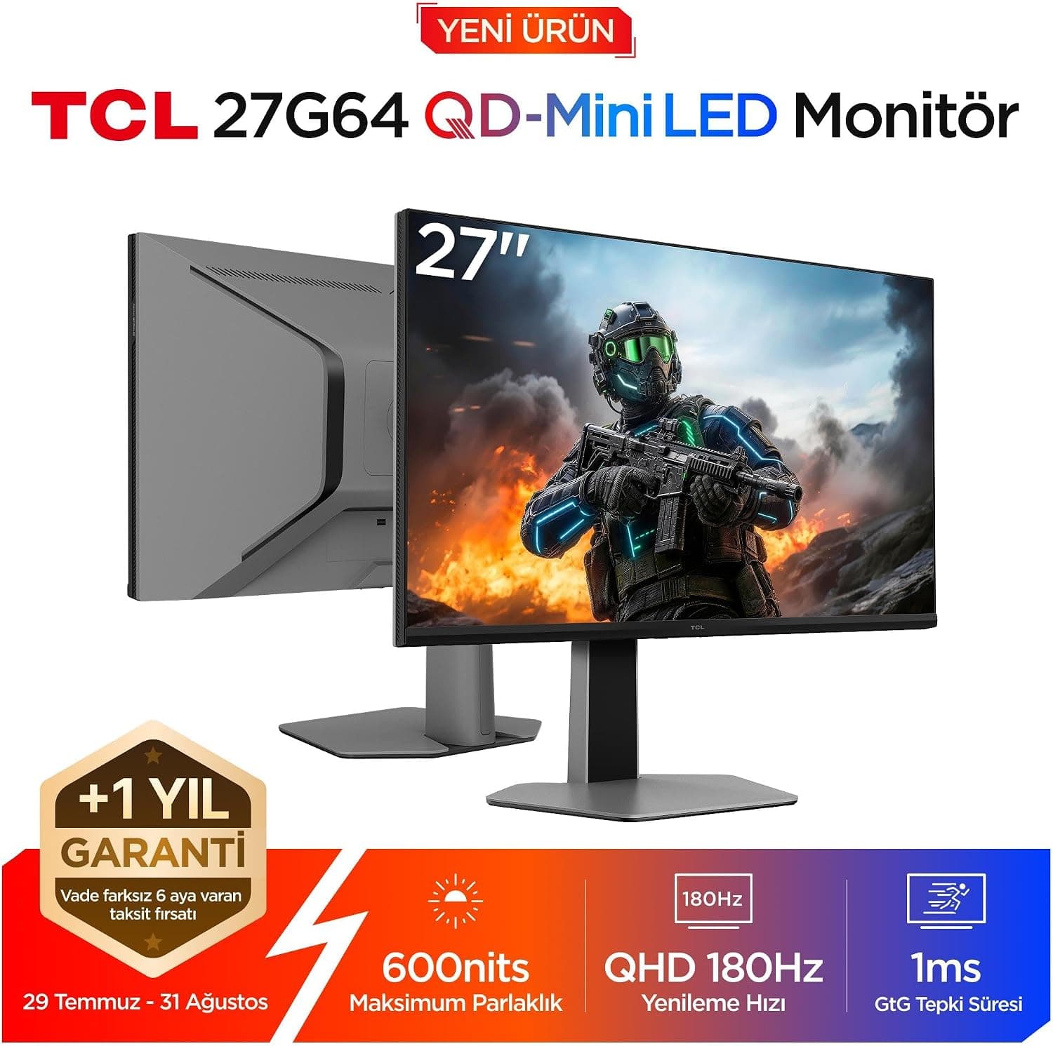TCL 27G64 Gaming Monitörü 27" 1ms 180Hz QHD 2K QD-Mini LED Oyuncu Monitörü (HDMI+DP, Fast-HVA Panel, HDR 600, FreeSync)
