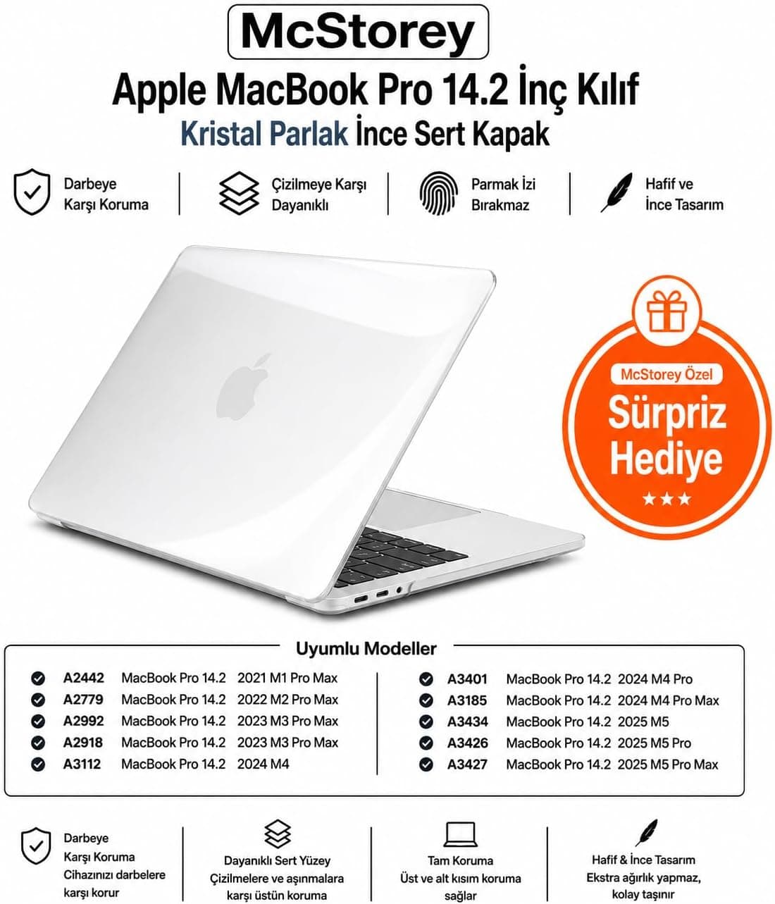 McStorey MacBook Pro 14.2 İnç Kılıf A2442 A2779 A2918 A2992 A3112 A3401 A3185 A3434 A3426 A3427 Uyumlu Kristal Parlak Şeffaf Sert Kapak Hard Case İnce Koruyucu Şeffaf