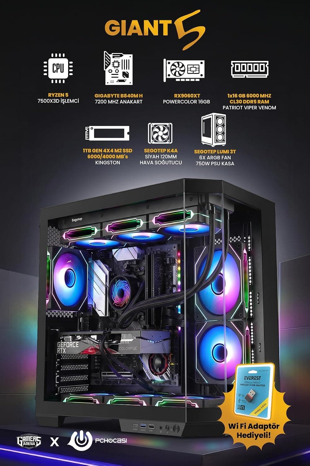 PCH Giant RX9060XT AMD RYZEN 5 7500X3D 16 GB DDR5 1 TB M2 SSD 650W PSU OEM PAKET