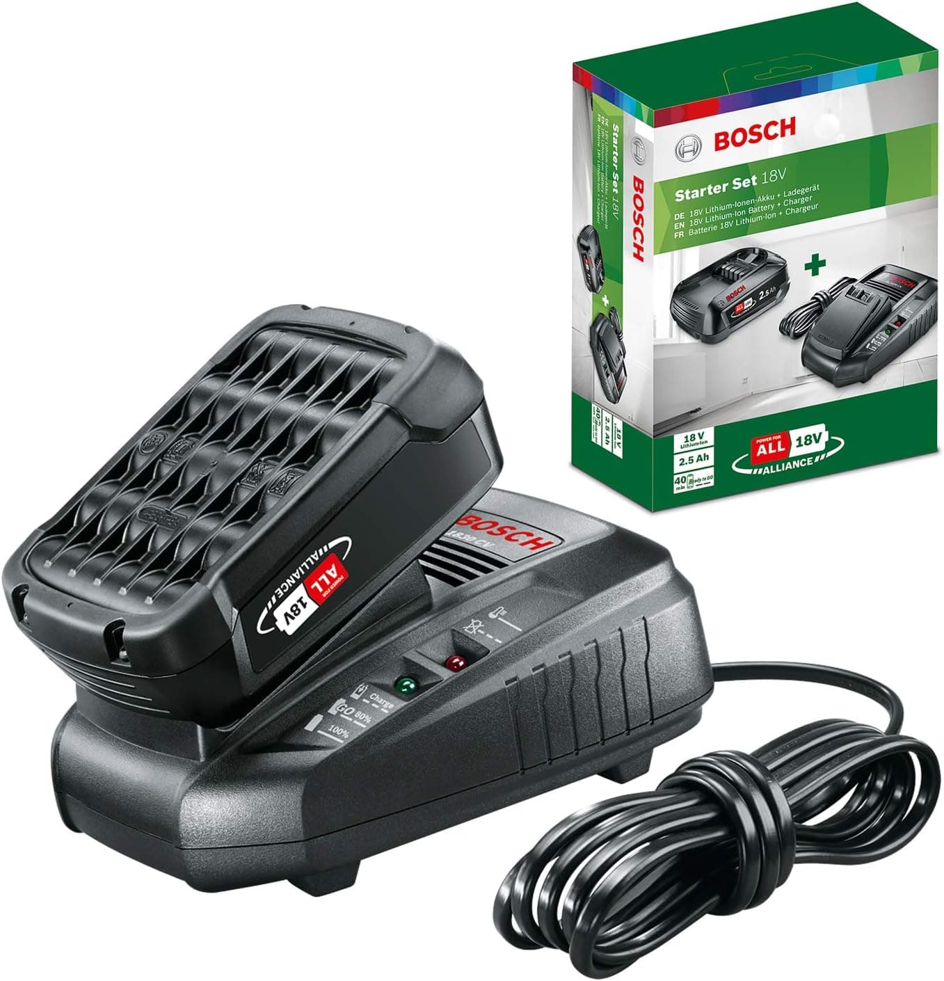 Bosch Home and Garden 18 Volt Akü ve AL 1830 CV Şarj Cihazı Başlangıç Seti, 2.5 Ah Akü, 300l/saat Debi, 0.365 kg