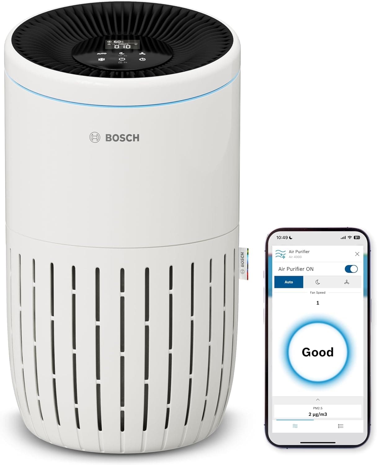 Bosch Air 4000i akıllı hava temizleyici – 62,5 m² kapsama alanı – Zararlı maddelerin%99'undan fazlasını etkili bir şekilde filtreler - Oto/Uyku modu (< 25 dB(A)) - CADR: 300 m³/sa - Ekran ve uygulama