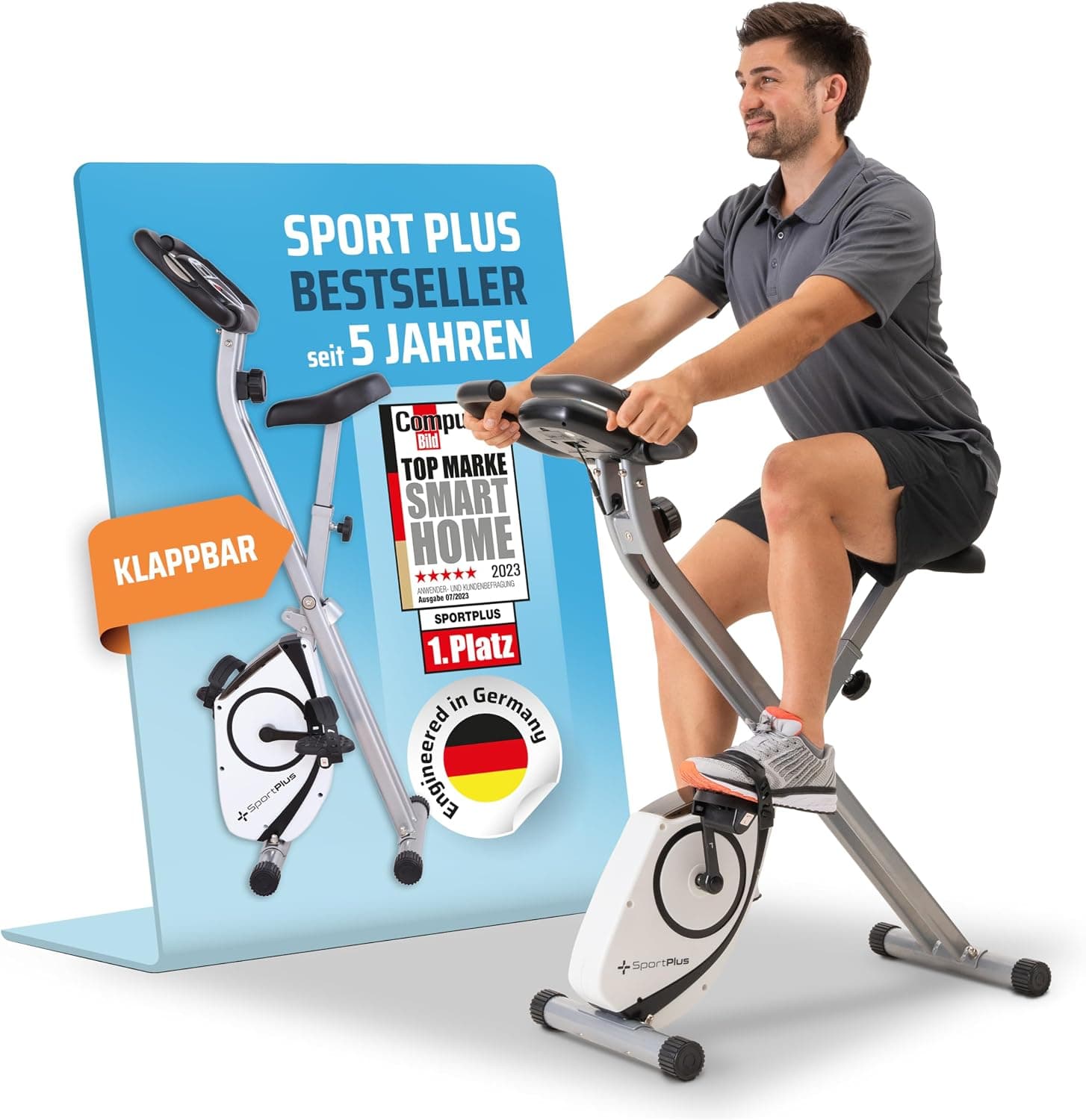 SportPlus Katlanabilir Kondisyon Bisikleti, Ev için Uygun, Akıllı Ekran ile Nabız ve Performans Takibi, Gri
