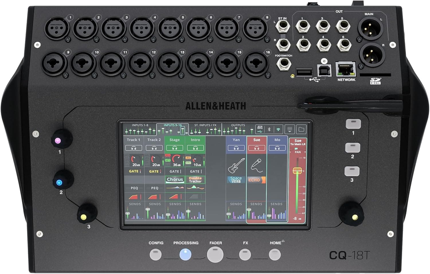 Allen & Heath CQ-18T 18 Kanal Dijital Mikser, Wi-Fi, Bluetooth, SD/USB kayıt, USB arabirim, 7 inç dokunmatik ekran, 16 mik/line, 4FX, 6 Aux