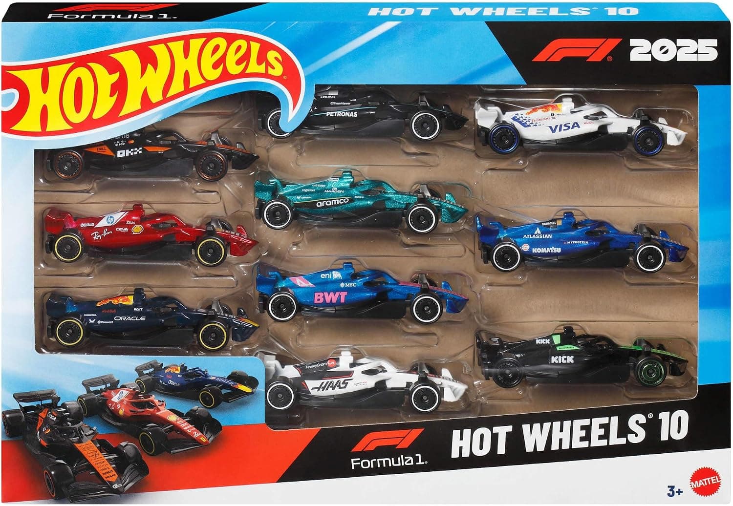 Hot Wheels Formula 1 oyuncak arabalar, her biri 2025 F1 yarış takımlarını temsil eden 1:64 ölçekli 10'lu metal yarış arabası seti, gerçekçi ayrıntılar ile hem oynamak hem sergilemek için ideal, JMM24