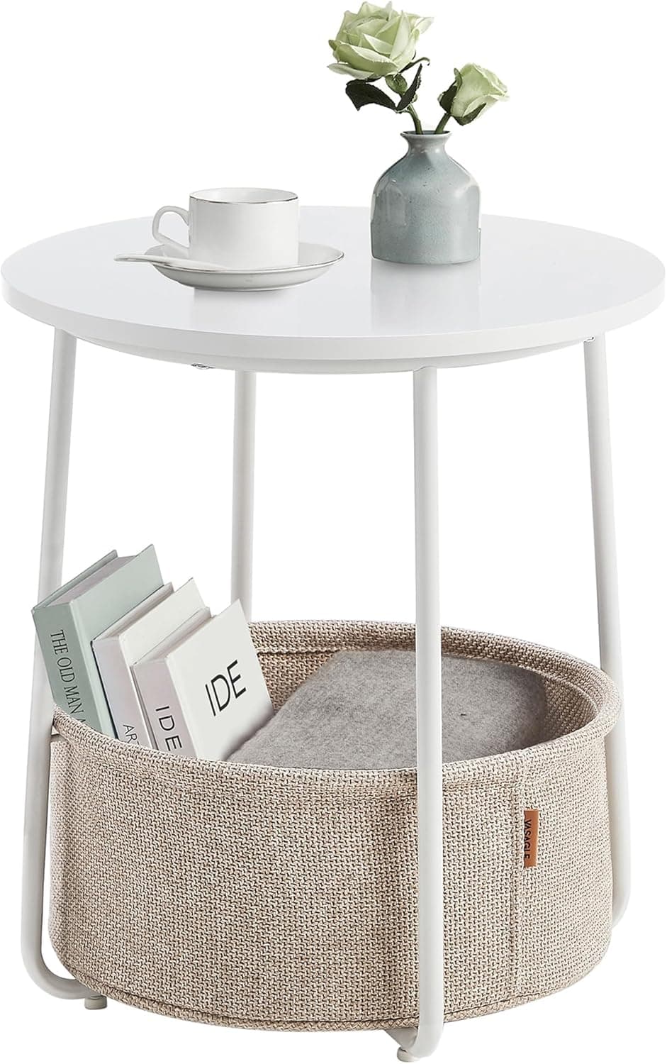 VASAGLE Yuvarlak sehpa, küçük masa, sehpa küçük, kumaş sepetli oturma odası masası, oturma odası, yatak odası için depolama alanı, modern komodin, beyaz-bej LET223W10