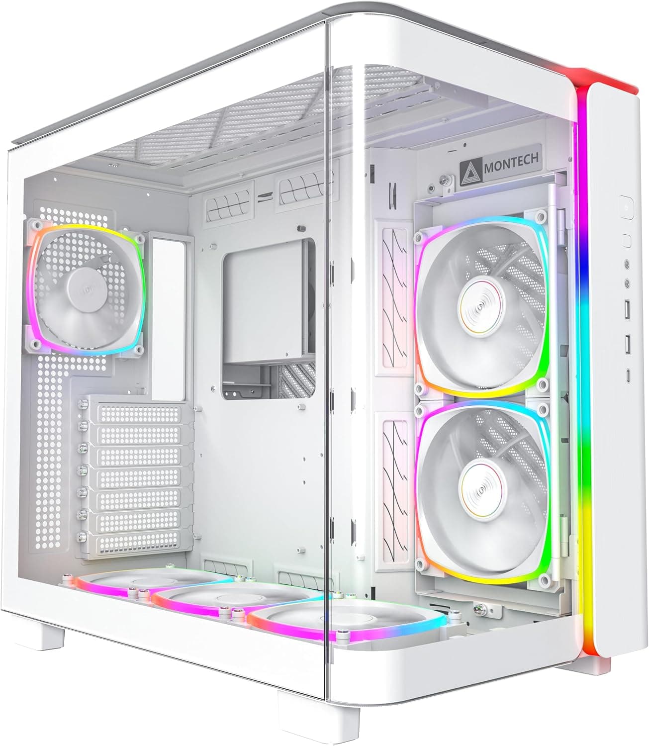 MONTECH King 95 PRO Çift Odacıklı ATX Orta Kule PC Oyun Kasası, Yüksek Hava Akışı, Aletsiz Paneller, Sağlam Kavisli Temperli Cam Ön, Altı ARGB PWM Fan Fan Hub, King 95 PRO Beyaz ABD