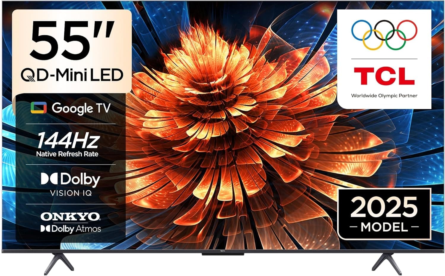 TCL 55 inç Akıllı TV 55Q6C 4K QD-Mini LED Renkli Quantum Crystal HDR10+ Oyun Google TV, 144Hz Doğal Yenileme Hızı, ONKYO 2.1 Hi-Fi Ses Sistemi, Dolby Atmos, Yapay Zekâ Modu, Game Master