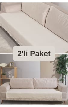Miracolo Home Ekru Pamuklu 2'li Koltuk Örtüsü 115x200 Önden Saçaklı Çizgili Desenli