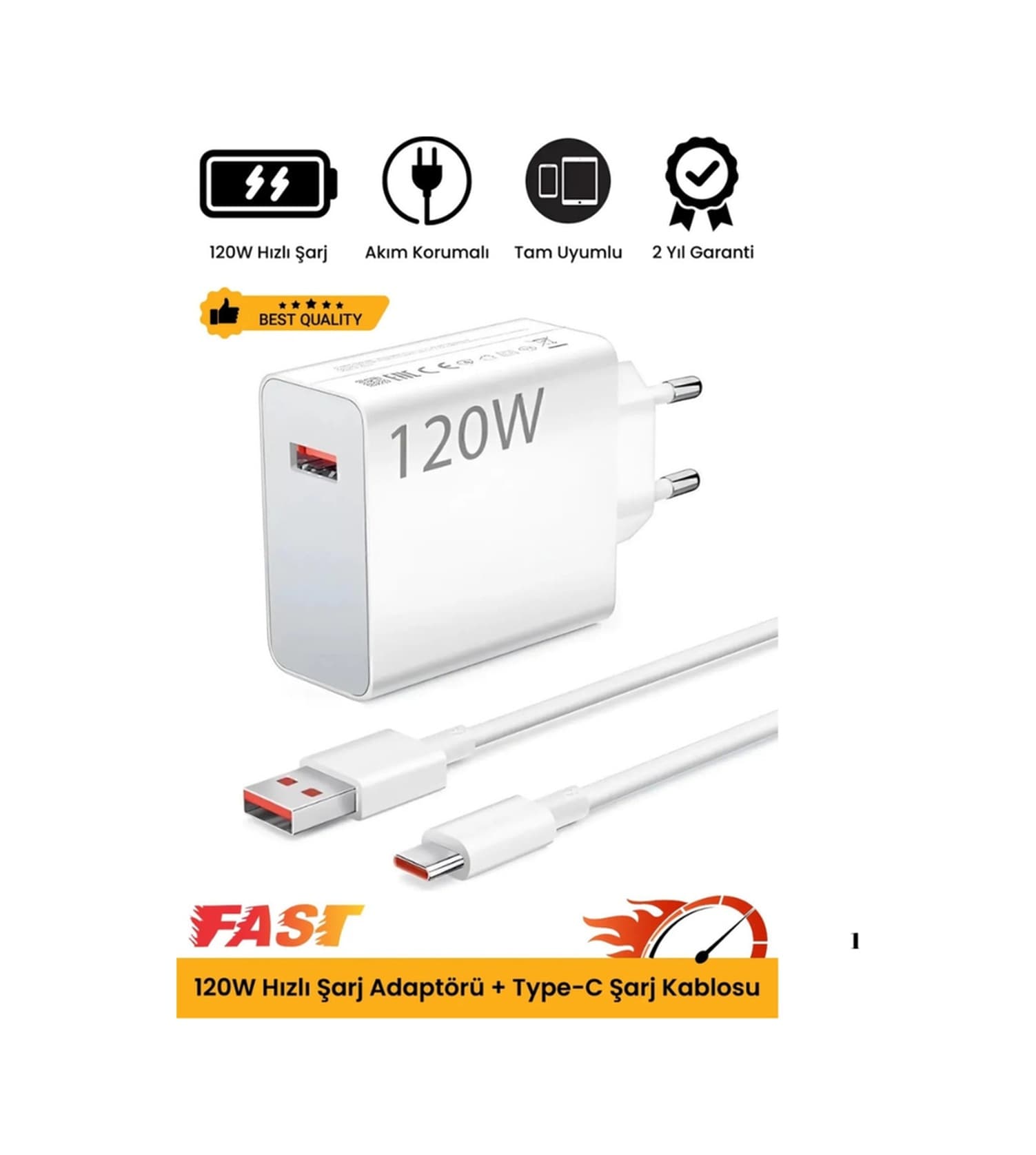 120w Turbo Ultra Hızlı Akım Korumalı Şarj Aleti Usb- Type-c Kablo Ve Adaptör Şarj Seti