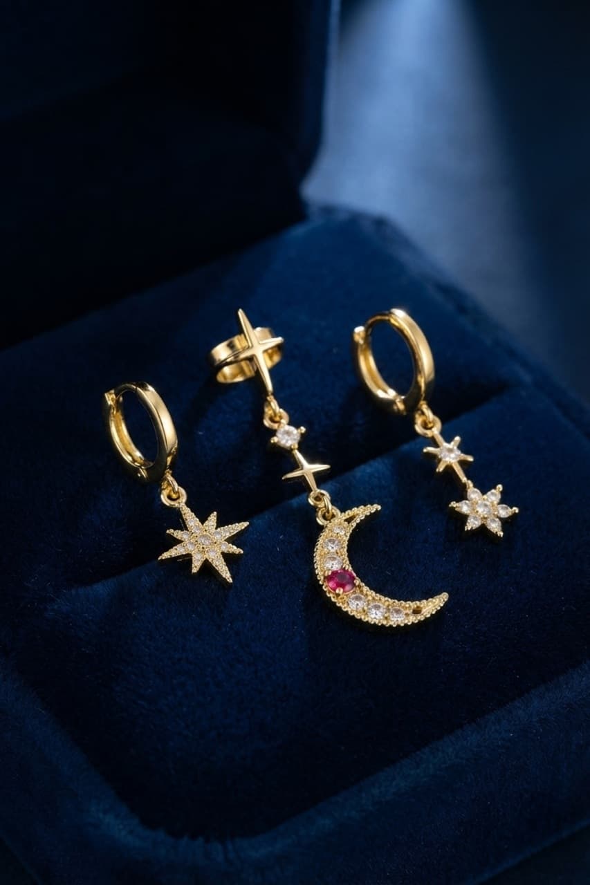 Gold Renk 3 Lü Ay Ve Yıldız Model Küpe Çok Renkli