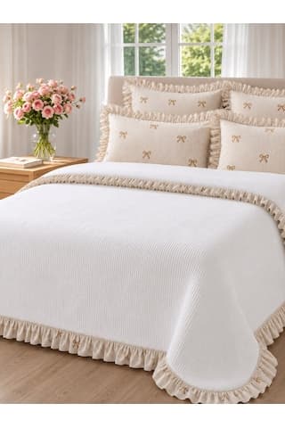 Uçkan Home %100 Pamuk Fırfırlı Çift Kişilik Yatak Örtüsü Seti----uh-pk-10 Kahverengi-beyaz