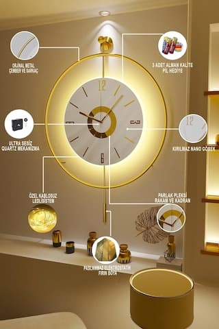 MetaQuartz Aksesuar İskandinav Kadran Gold Büyük Boy 50 x 75 CM 3 Adet Pil Metal (Mobilya) Duvar Saati Gold