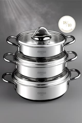 Mango Kitchen Artemis - 6 Parça Paslanmaz Çelik Sahan Seti (16-18-20 CM) 18/10 Paslanmaz Çelik