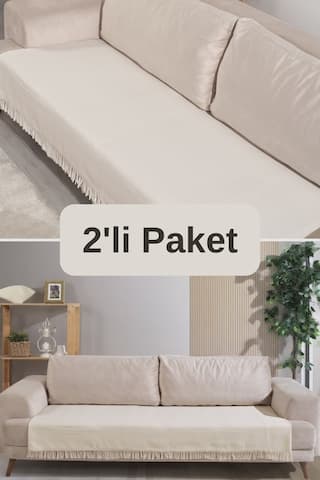 Miracolo Home Ekru Pamuklu 2'li Koltuk Örtüsü 115x200 Önden Saçaklı Çizgili Desenli