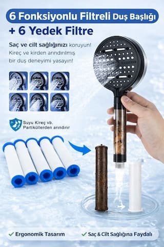 Pureflow Filtreli Duş Başlığı 6 Adet Yedek Filtre Kireç Önleyici Su Arıtıcı 6 Fonksiyonlu Siyah