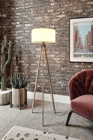 Modern Lambader Kumaş Abajur Ahşap Ayak Krem Kahve Ly509