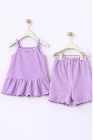 For My Baby Fitilli Kumaş 2 Li Kız Bebek Takım Şortlu Yazlık Mor