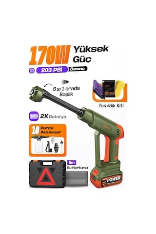 Auhma Acr-10 Şarjlı Araç Yıkama Makinesi Yeşil 203 Psı 170w Basınçlı Oto Yıkama Seti 3820 Fırçasız