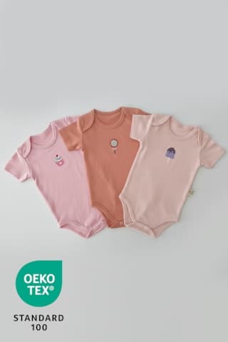 Luppinos Candy 3lü %100 Pamuk Nakışlı Bebek Body Set Açık Pembe - Krem