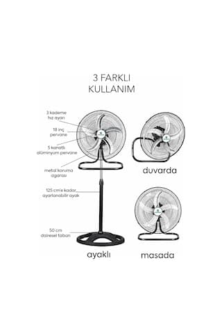Waldern 3in1 Sanayi Tipi Ayaklı, Masaüstü, Duvar Tipi Vantilatör 80w, 3 Kademeli 132 cm