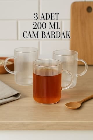 3 Adet Çizgili Kulplu Isıya Dayanıklı Borosilikat Cam Kahve Çay Bardak - 200 Ml Cam Çay Bardağı Şeffaf