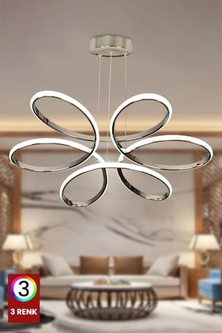 Fuzon 3 Renk Orkide Modern Krom Kasa Salon Led Avize Orkide Kumandasız 3 Renkli Salon Avize Gümüş - Krom
