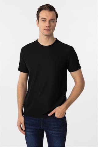 Süvari Siyah Slim Fit Armürlü Bisiklet Yaka Tişört-37339 Siyah