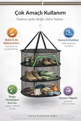 3 Katlı Fermuarlı Meyve Sebze Kurutma Filesi Katlanabilir Doğal Kurutma Sepeti Siyah