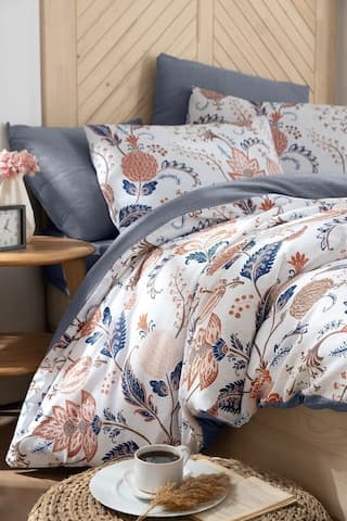 Mystory Home Etro Lastikli Çarşaflı Çift Kişilik Nevresim Takımı Indigo - Kahverengi