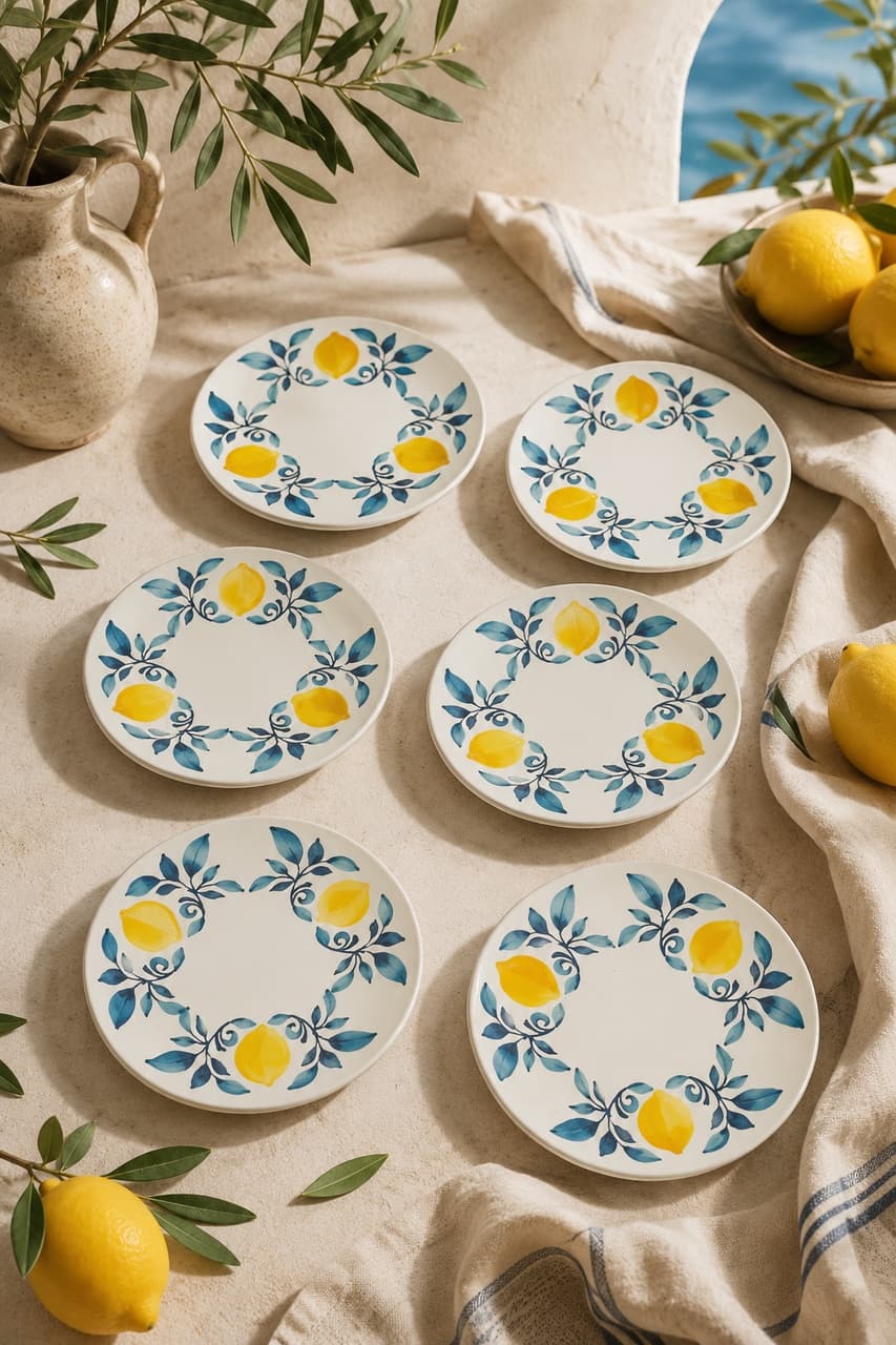 6 Lı Limon Desenli Seramik Tatlı Tabağı 16 Cm Akdeniz Temalı Pasta Kahvaltı Ve Sunum Tabağı Beyaz