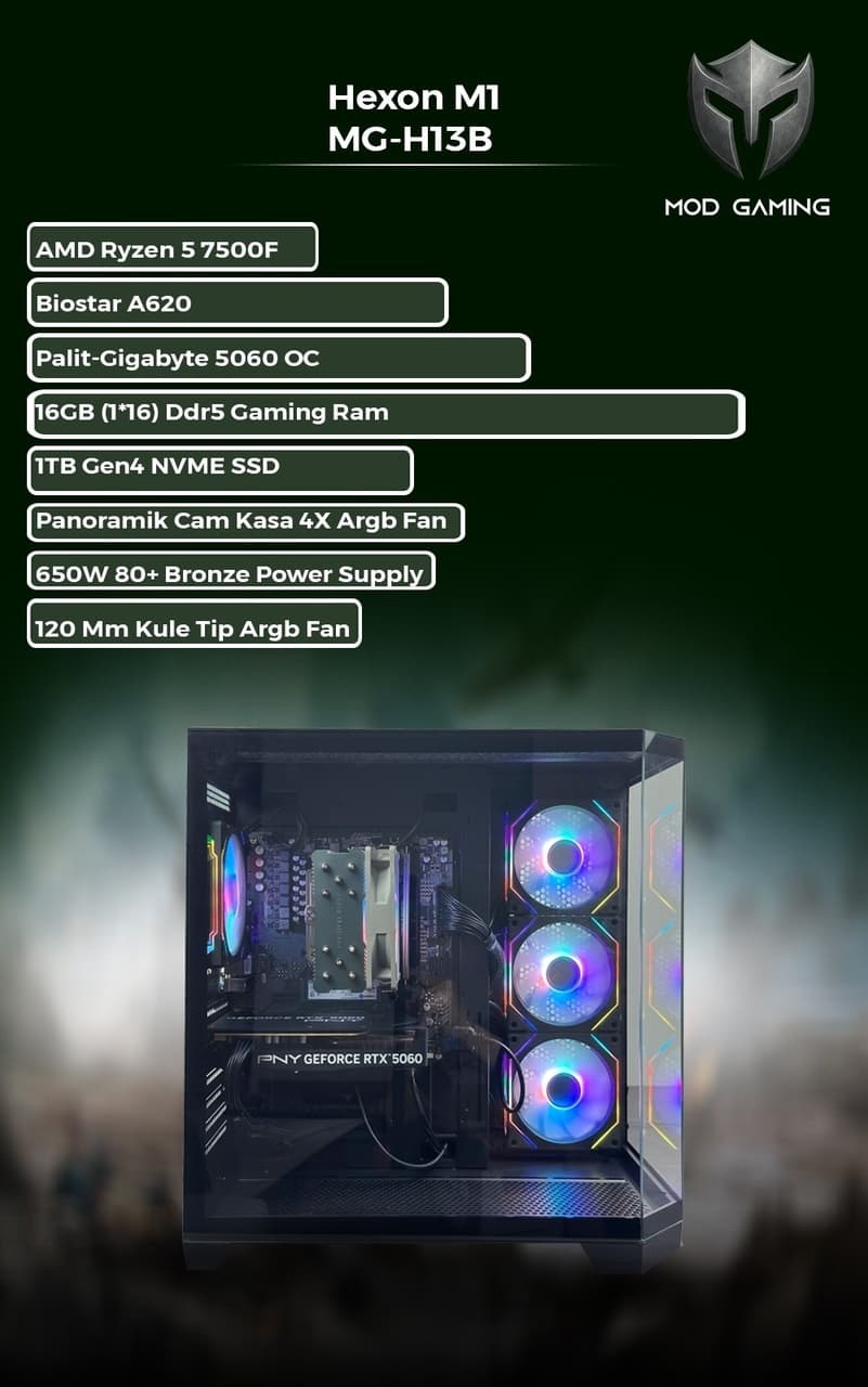 Mod Gaming Hexon MG-H13B R5-7500F 16 GB 1 TB SSD 8 GB RTX5060 Free Dos Masaüstü Oyuncu Bilgisayarı