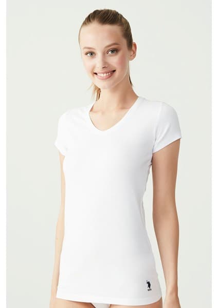 U.S. Polo Assn. 66004 Kadın Beyaz Kısa Kollu V-Yaka