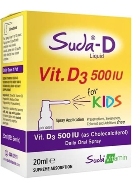 Suda Vitamin Suda-D Vitamin D3 500'Iu Çocuklar Için Günlük Oral Sprey 20
