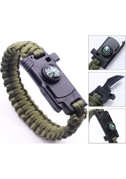 Savage 9595 Pusulalı & Bıçaklı Paracord Bileklik Haki