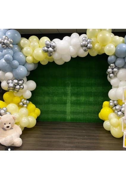 Eğlence Marketi Krom Gümüş Pastel Sarı Beyaz Gri ve Makaron Sarı Balon Zinciri 100