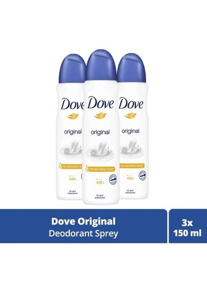 Dove Kadın Deodorant Sprey Original 150 ml 3'lü Paket Hassas Ciltler İçin 48 Saat