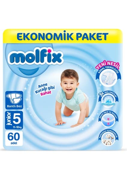 Molfix Bebek Bezi 5 Beden 60 Adet 11-18 kg Hızlı Emici Teknoloji ile Rahatlık