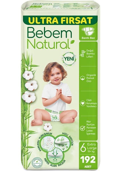 Bebem Natural Bebek Bezi Ultra Fırsat Paketi Maxi 6 Numara 192 Adet (64 x 3