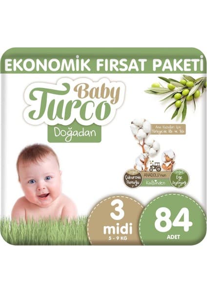 Baby Turco Doğadan Ekonomik Fırsat Paketi Bebek Bezi 3 Numara Midi 84