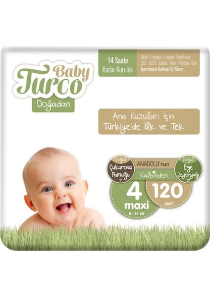Baby Turco Bebek Bezi Doğadan Beden:4 (8-14 Kg) Maxi 120 Fiyatı